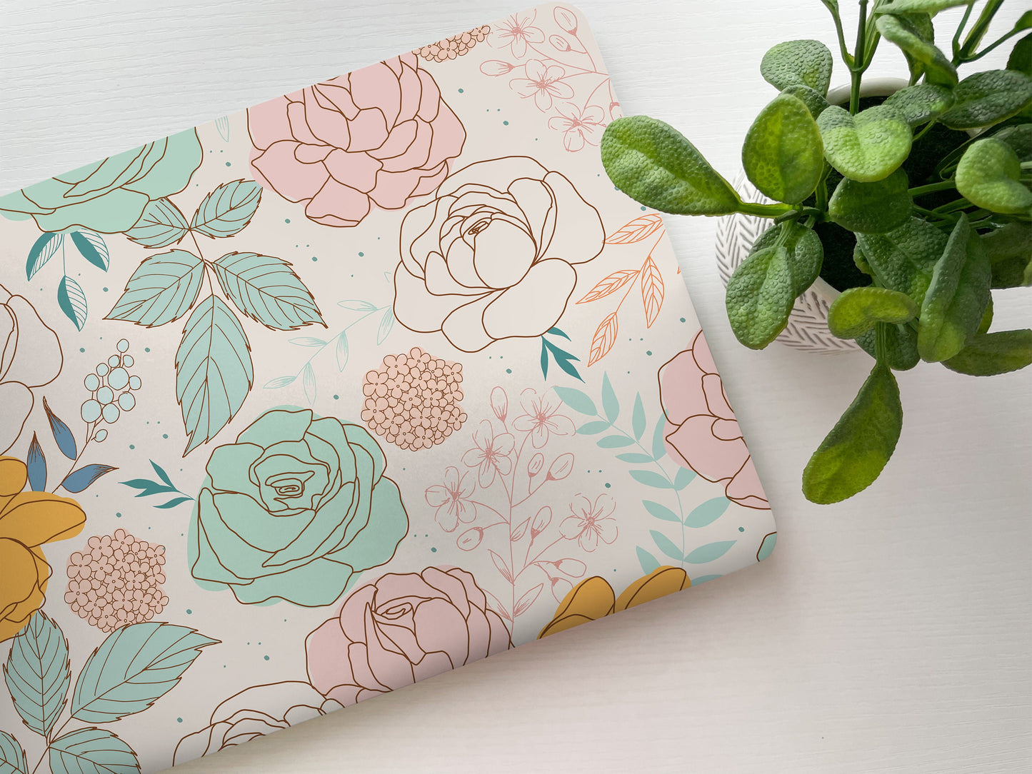 Mint Pink Floral Laptop Skin, Laptop Cover, Laptop Skins, Removable Laptop Skins, Laptop Decal, Customized Laptop Full Coverage Stickers, 23 - James & Inks